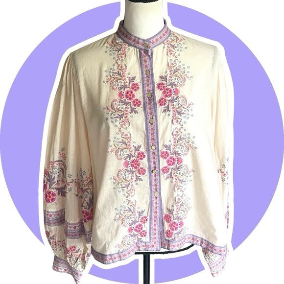 Anthropologie Let Me Be Letmebe Long Sleeve Cream Boho Pastel Cotton Blouse S - Picture 2 of 10